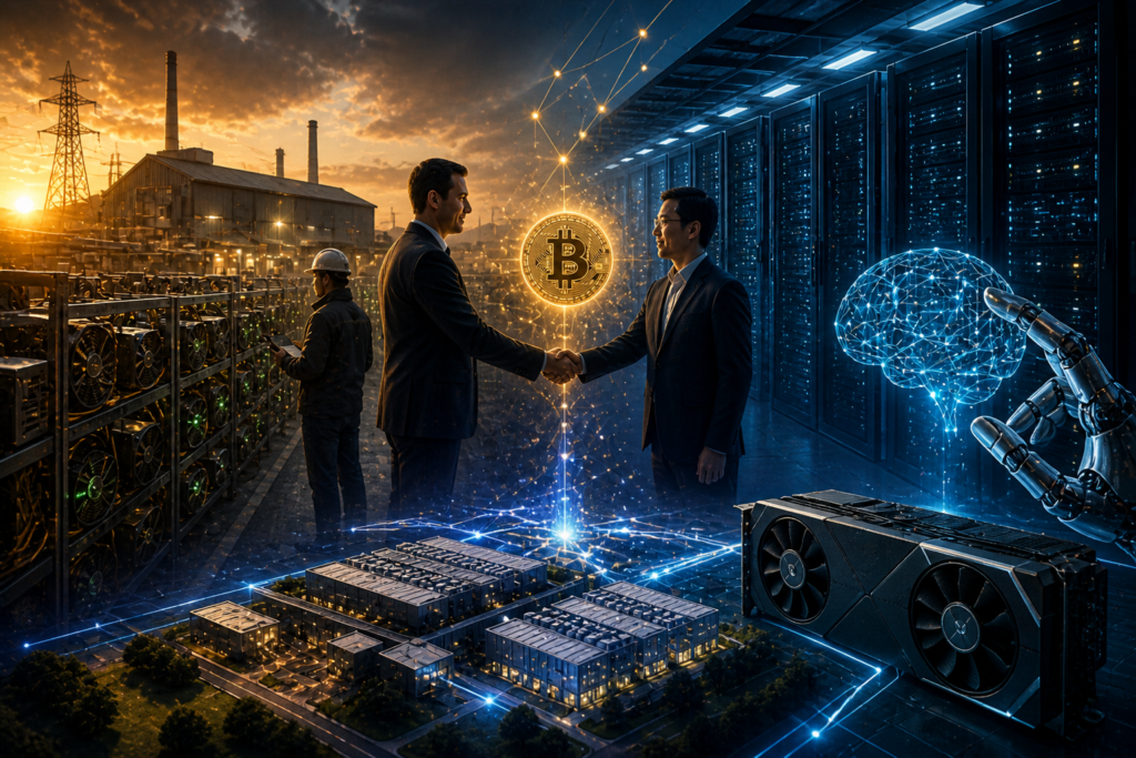 Scène illustrant la transition du minage Bitcoin vers les data centers IA et l’expansion technologique avec AMD.