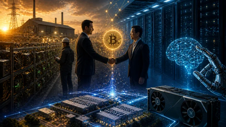 Scène illustrant la transition du minage Bitcoin vers les data centers IA et l’expansion technologique avec AMD.