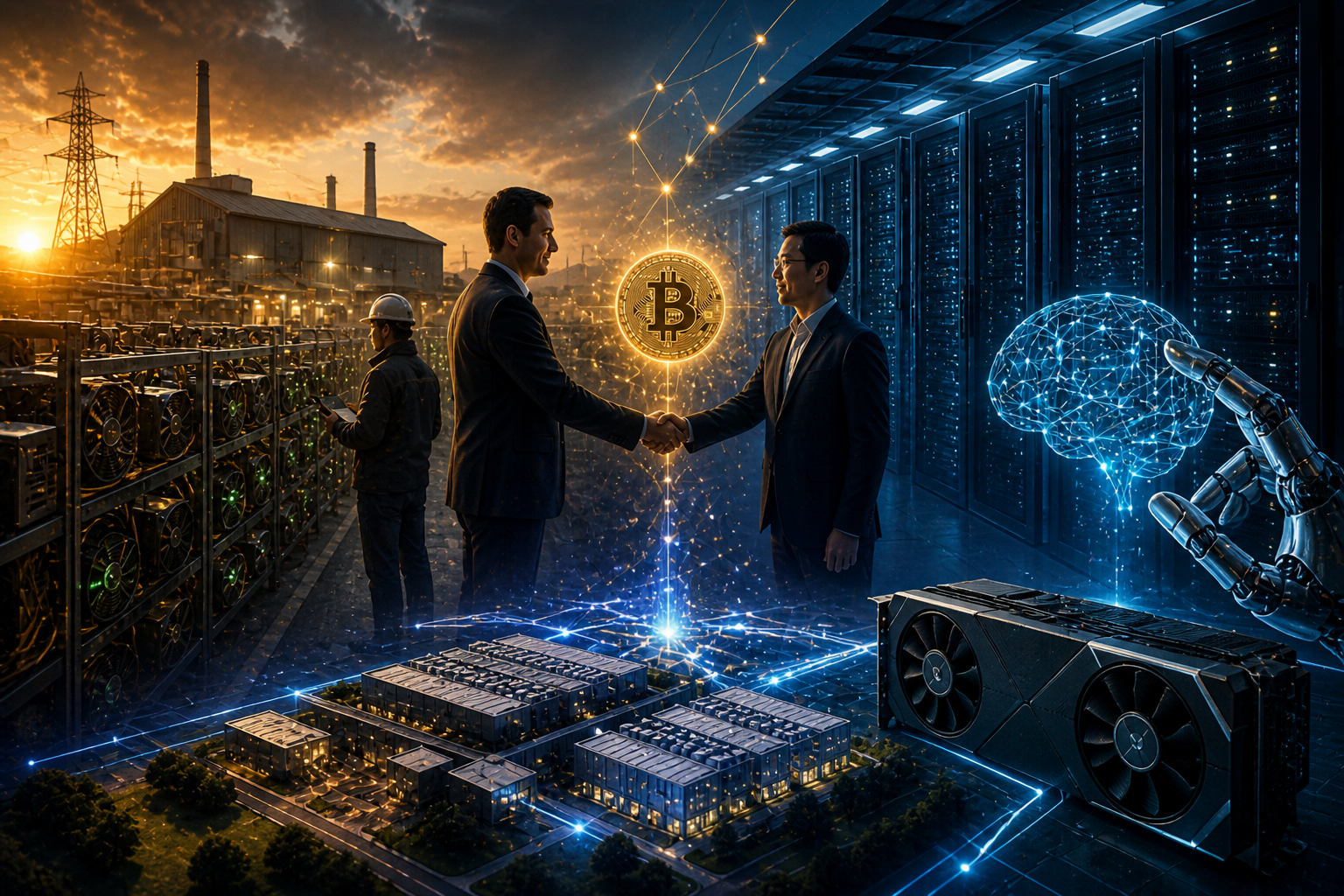 Scène illustrant la transition du minage Bitcoin vers les data centers IA et l’expansion technologique avec AMD.