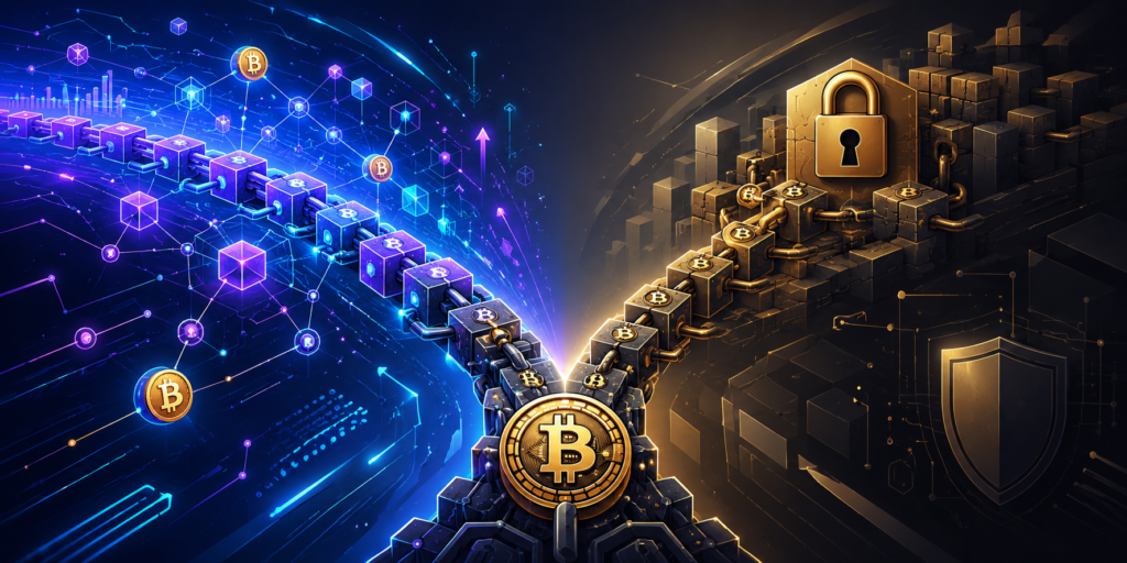 Illustration éditoriale montrant une blockchain Bitcoin se séparant en deux chemins : à gauche une branche futuriste et dynamique représentant l’innovation, et à droite une branche stable et sécurisée symbolisée par un cadenas et une structure rigide.