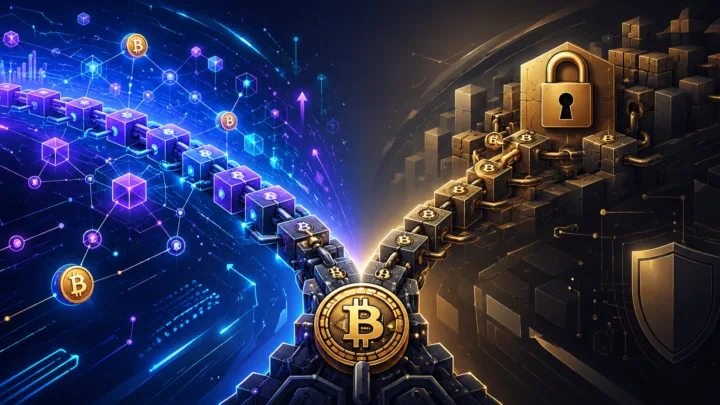 Illustration éditoriale montrant une blockchain Bitcoin se séparant en deux chemins : à gauche une branche futuriste et dynamique représentant l’innovation, et à droite une branche stable et sécurisée symbolisée par un cadenas et une structure rigide.