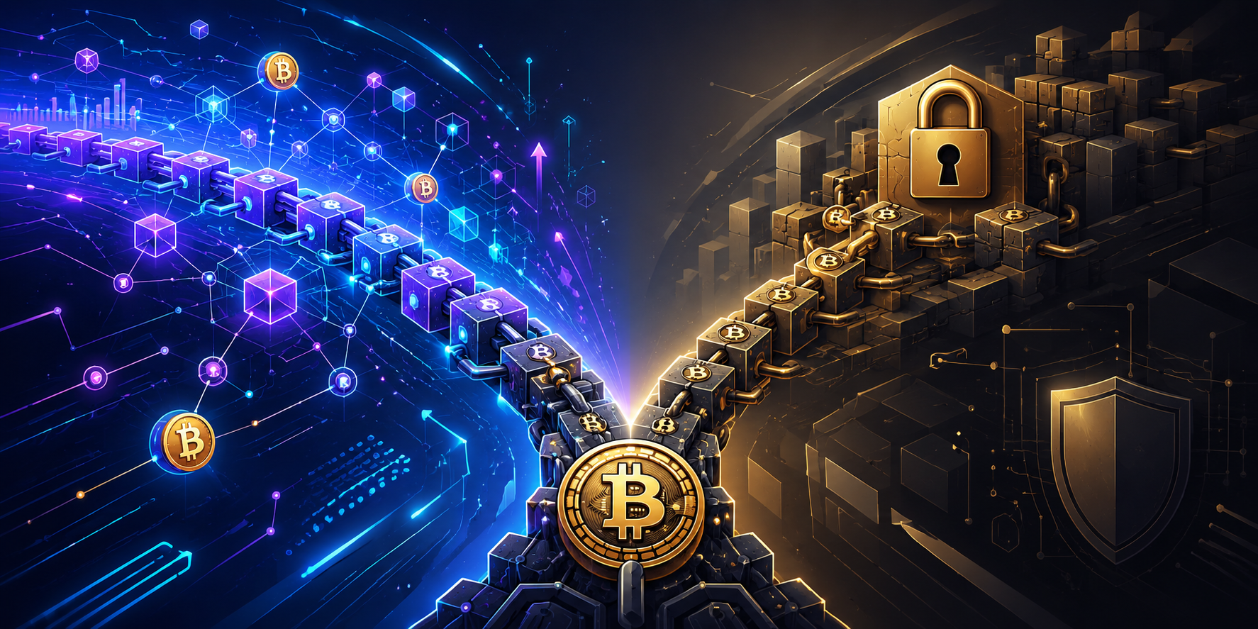 Illustration éditoriale montrant une blockchain Bitcoin se séparant en deux chemins : à gauche une branche futuriste et dynamique représentant l’innovation, et à droite une branche stable et sécurisée symbolisée par un cadenas et une structure rigide.