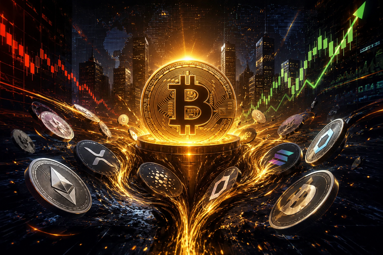 Bitcoin domine le marché crypto tandis que les altcoins reculent en arrière-plan.