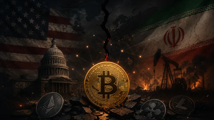 Illustration sombre représentant le Bitcoin au centre d’un conflit géopolitique entre les États-Unis et l’Iran avec une ambiance de crise des marchés financiers.