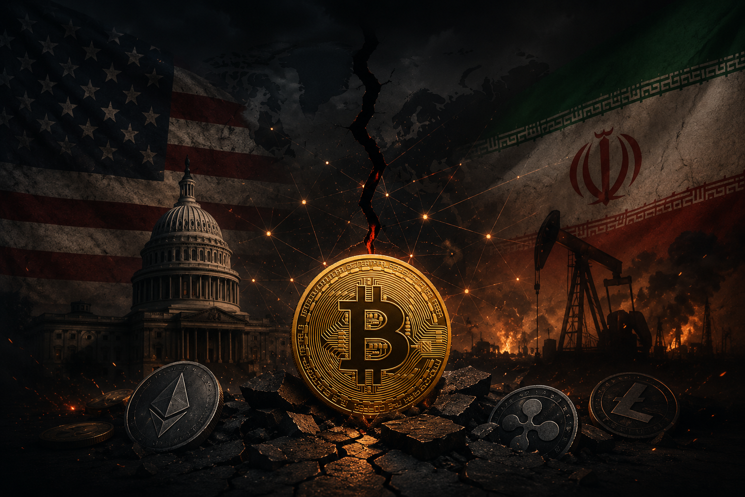 Illustration sombre représentant le Bitcoin au centre d’un conflit géopolitique entre les États-Unis et l’Iran avec une ambiance de crise des marchés financiers.