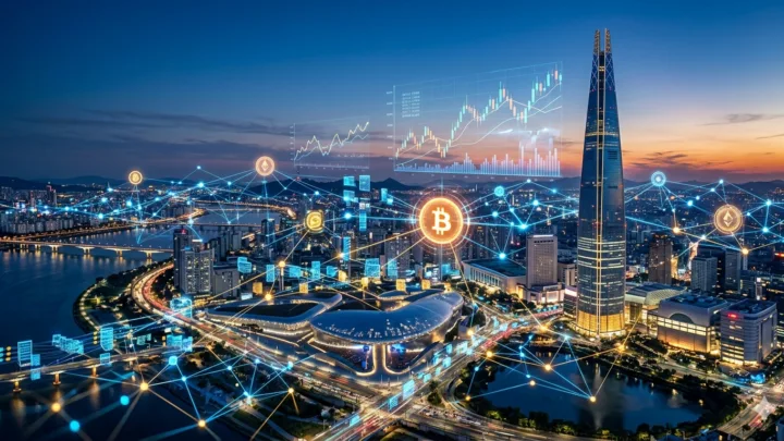 Séoul, la ville connectée par la blockchain. Une fusion visuelle d'architecture moderne et de technologie financière numérique.