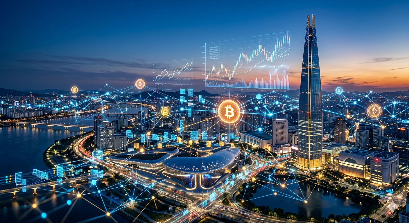 Séoul, la ville connectée par la blockchain. Une fusion visuelle d'architecture moderne et de technologie financière numérique.