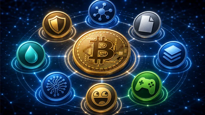 Illustration d’un Bitcoin central entouré de plusieurs altcoins représentant Ethereum, DeFi, stablecoins et meme coins
