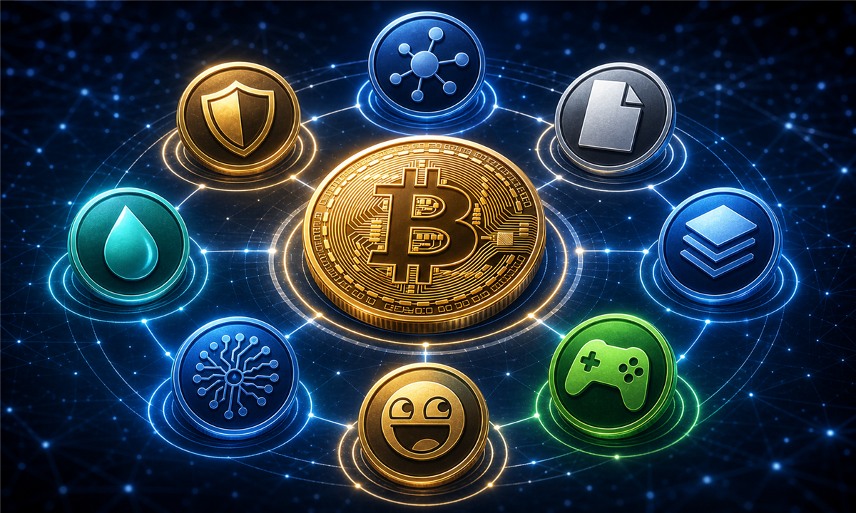 Illustration d’un Bitcoin central entouré de plusieurs altcoins représentant Ethereum, DeFi, stablecoins et meme coins