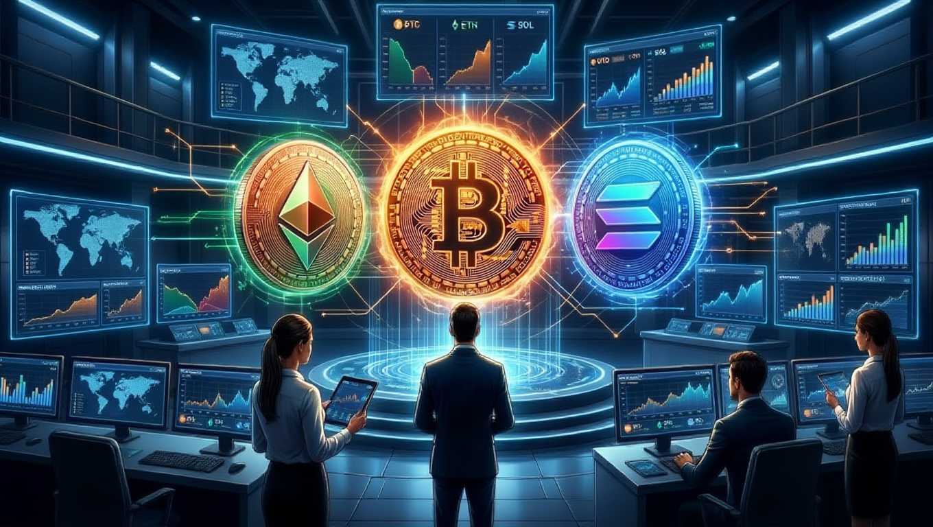 une salle de contrôle futuriste où des analystes observent l'alignement haussier des signaux techniques autour de crypto-monnaies majeures en lévitation