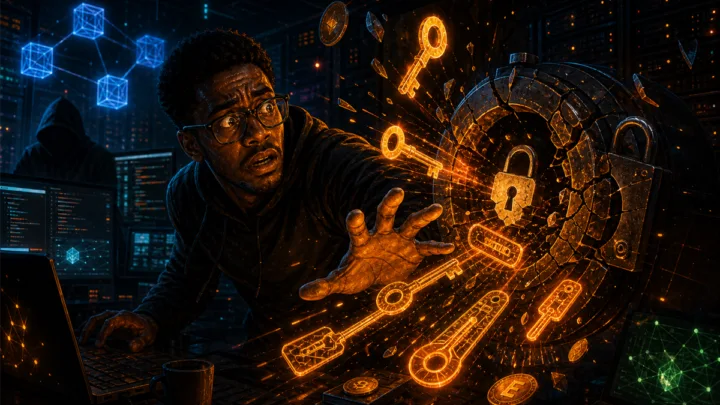 Développeur crypto inquiet devant des clés API exposées dans un dépôt de code