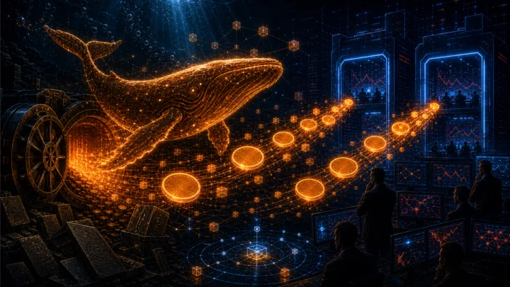 Illustration d’une baleine Bitcoin historique transférant des fonds vers des desks institutionnels