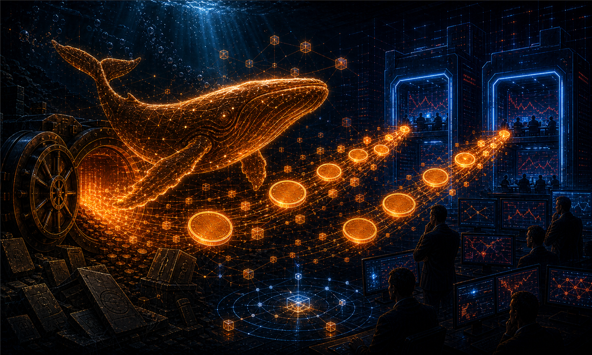 Illustration d’une baleine Bitcoin historique transférant des fonds vers des desks institutionnels