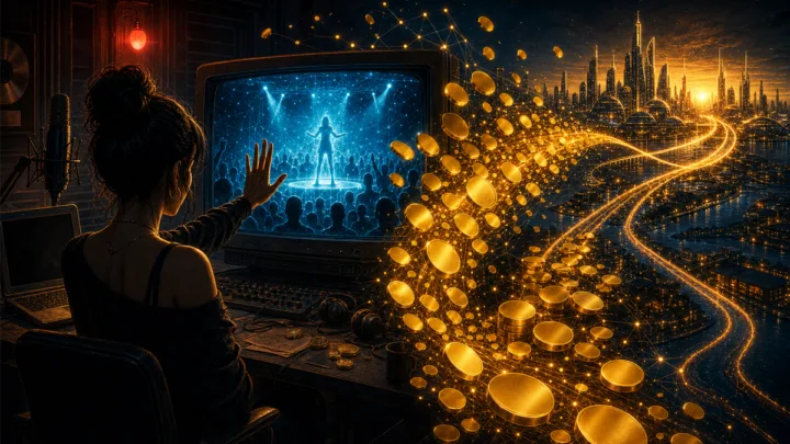 Chanteuse fictive refusant une offre virtuelle en bitcoins dans un studio rétro