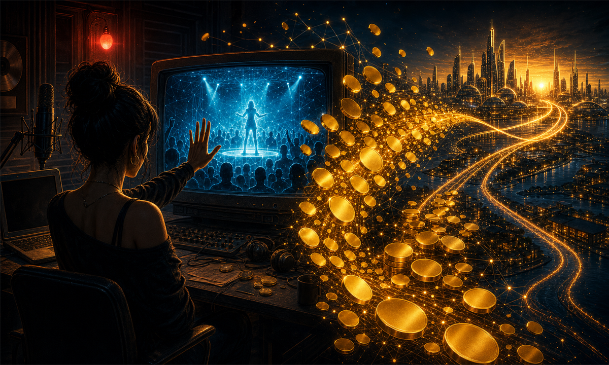 Chanteuse fictive refusant une offre virtuelle en bitcoins dans un studio rétro