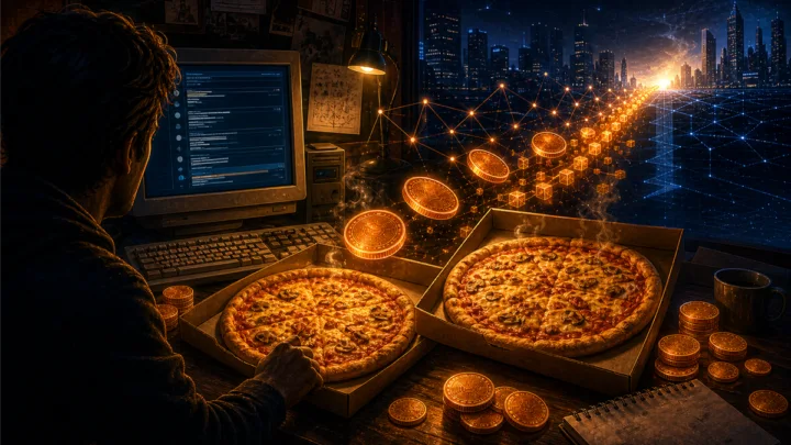 Illustration du Bitcoin Pizza Day avec deux pizzas et des pièces numériques