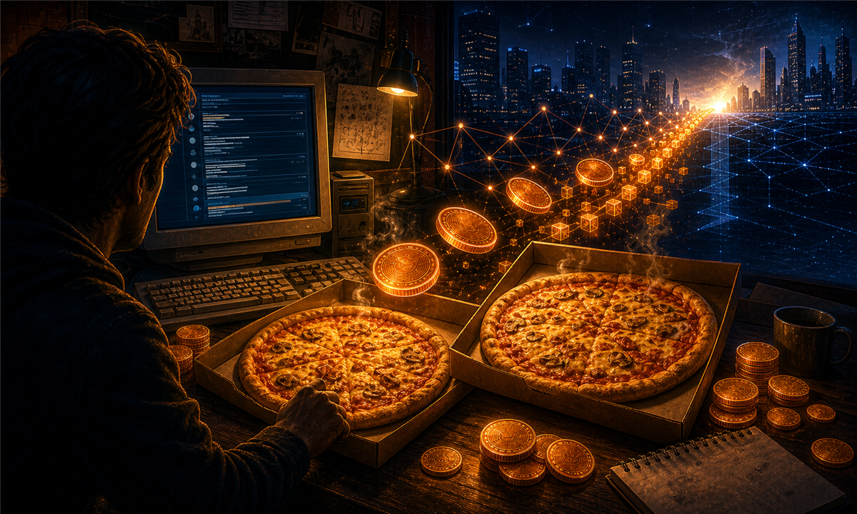 Illustration du Bitcoin Pizza Day avec deux pizzas et des pièces numériques