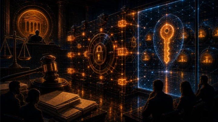 Illustration d’un tribunal face à des wallets Bitcoin dormants verrouillés par des clés privées