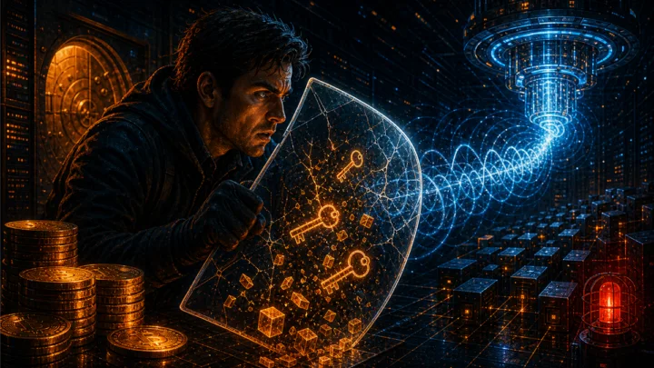 Illustration de Bitcoin face à une menace quantique visant des clés publiques anciennes