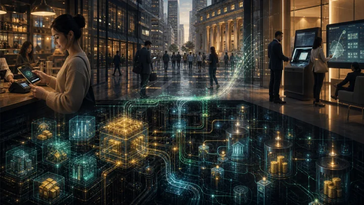 Illustration de blockchains invisibles utilisées en arrière-plan pour paiements, stablecoins et actifs tokenisés