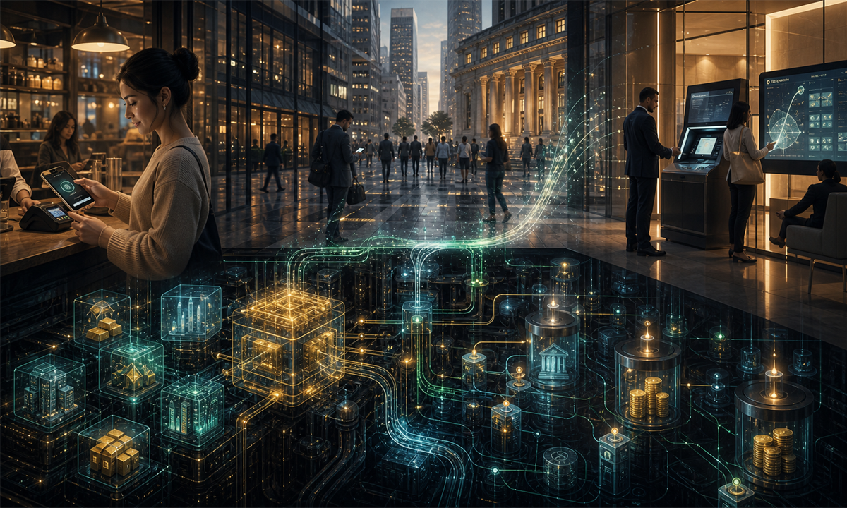 Illustration de blockchains invisibles utilisées en arrière-plan pour paiements, stablecoins et actifs tokenisés
