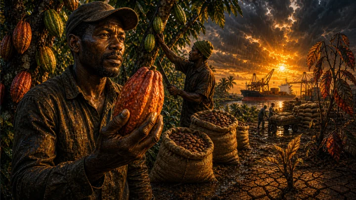 Planteur ivoirien tenant une cabosse de cacao avec sacs de fèves et port en arrière-plan