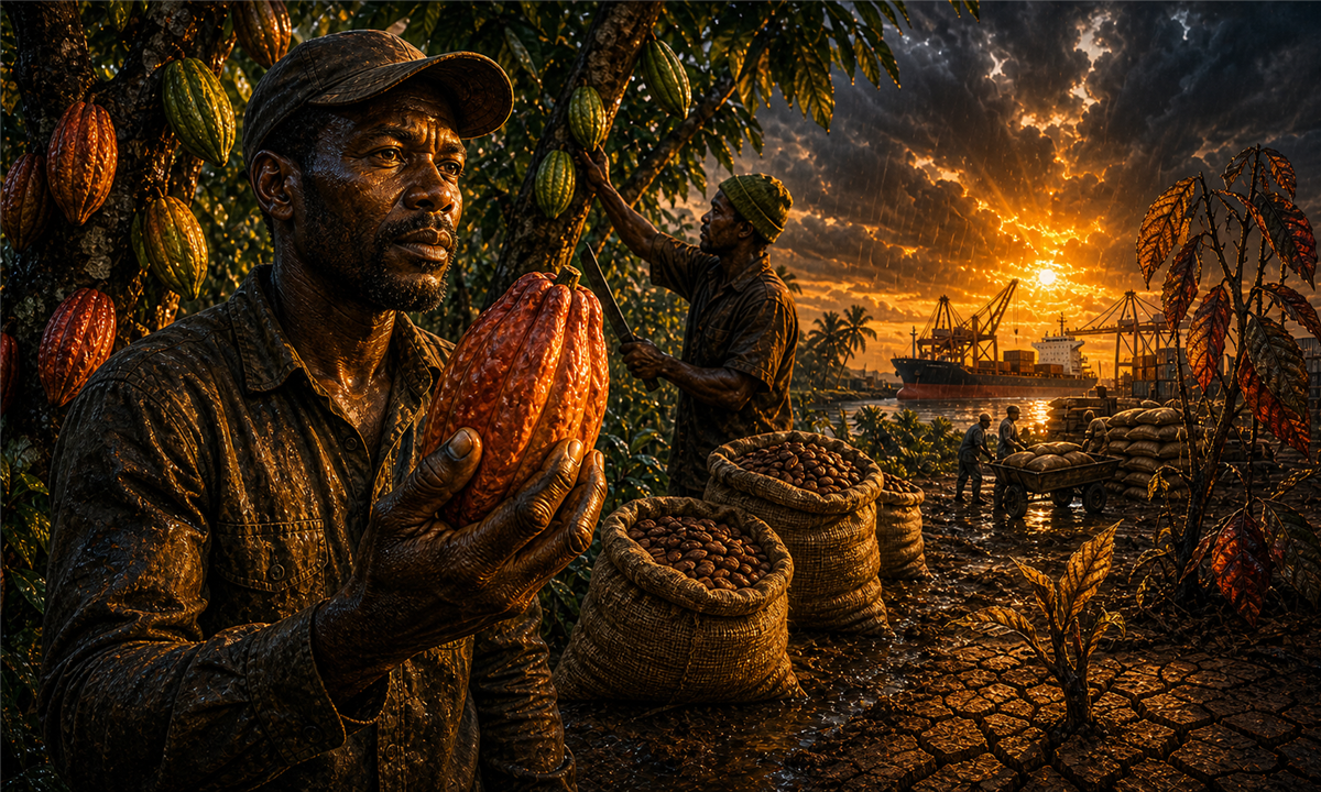 Planteur ivoirien tenant une cabosse de cacao avec sacs de fèves et port en arrière-plan