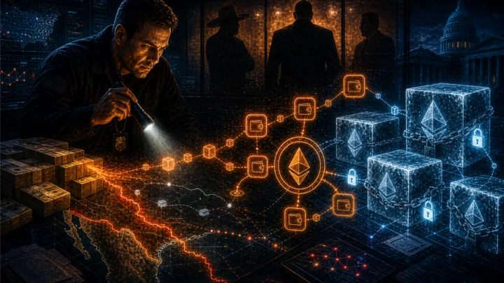 Enquêteur suivant des flux crypto liés au blanchiment du fentanyl et au cartel de Sinaloa