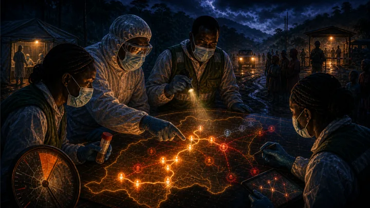 Équipe de santé suivant une chaîne de contacts Ebola en RDC sur une carte lumineuse