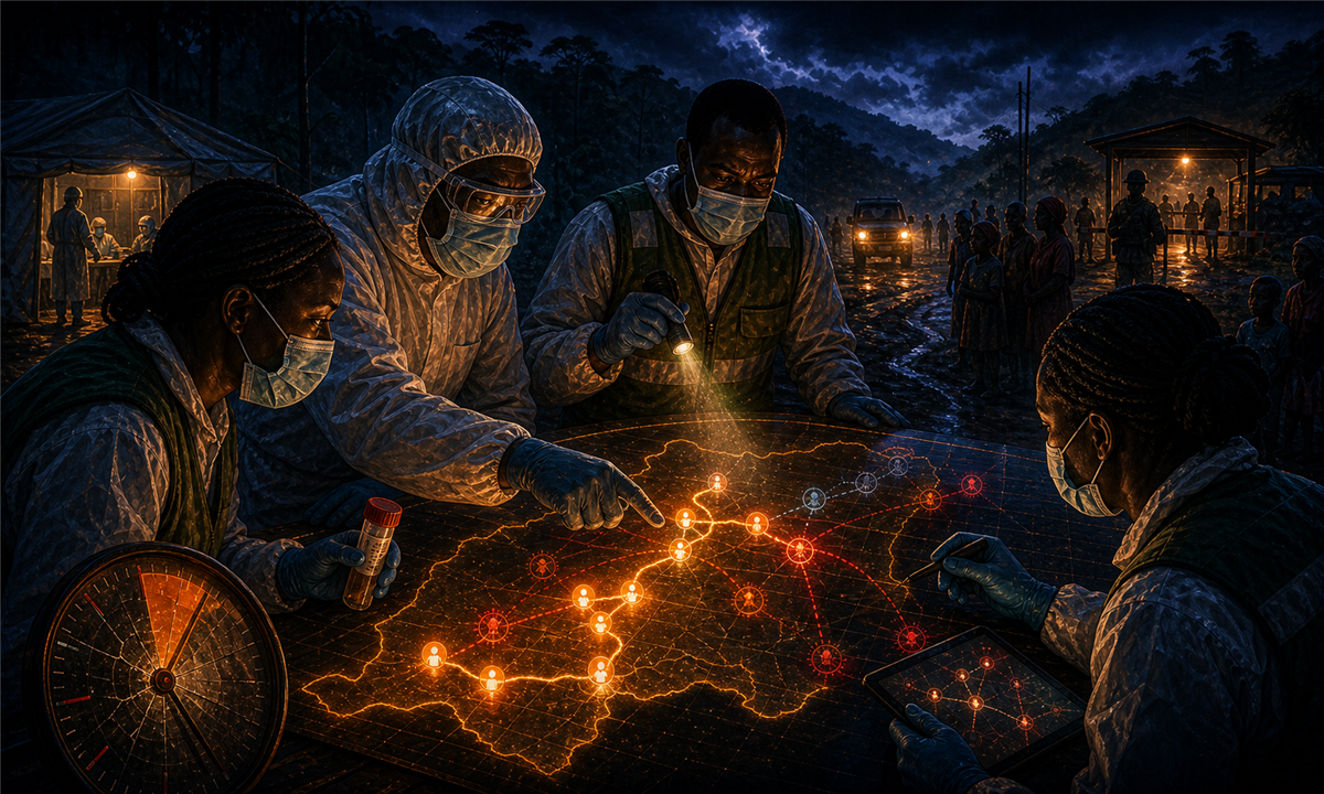 Équipe de santé suivant une chaîne de contacts Ebola en RDC sur une carte lumineuse
