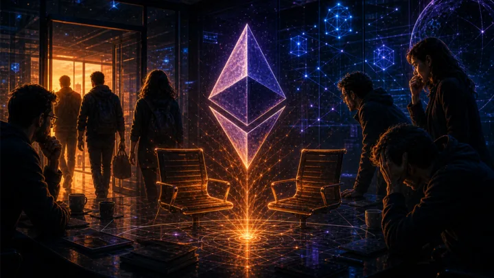 Deux sièges vides autour du symbole Ethereum dans une salle de protocole