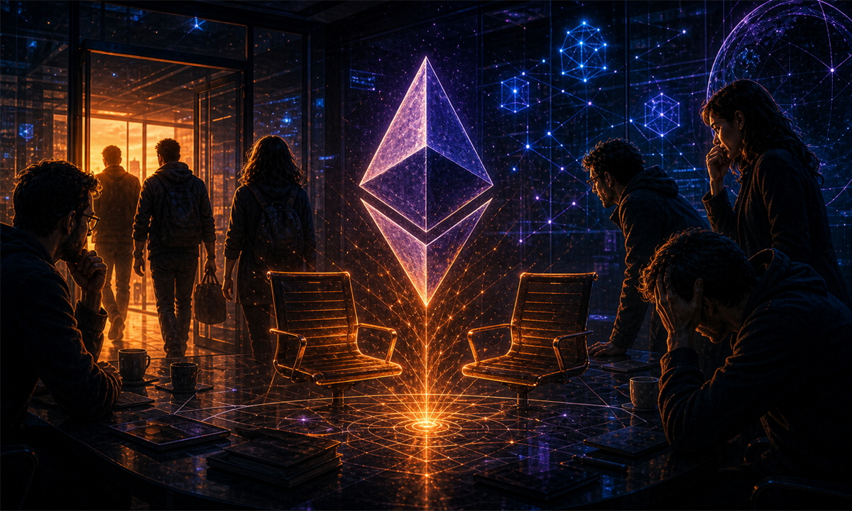 Deux sièges vides autour du symbole Ethereum dans une salle de protocole