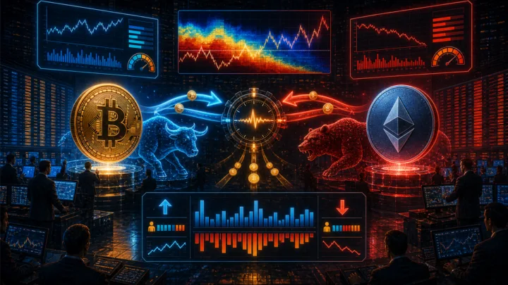 Illustration des funding rates crypto entre positions longues, shorts, Bitcoin, Ethereum, levier et liquidations