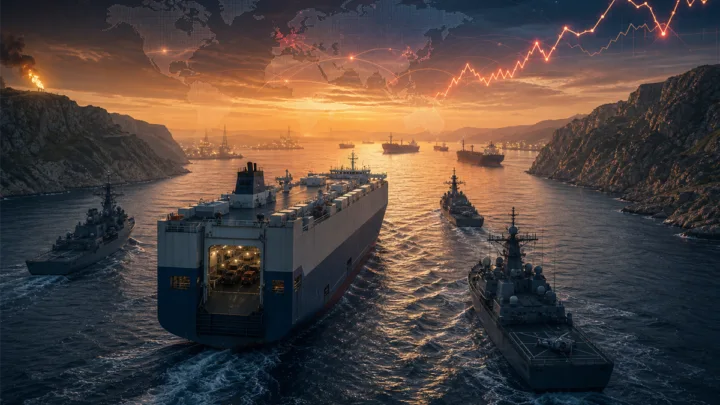 Illustration d’un navire commercial traversant le détroit d’Ormuz sous protection militaire américaine