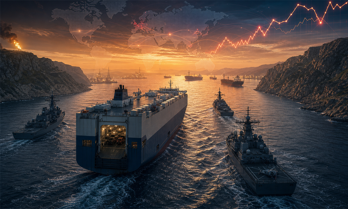 Illustration d’un navire commercial traversant le détroit d’Ormuz sous protection militaire américaine