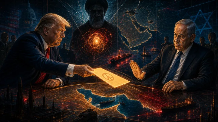 Illustration dramatique de Trump proposant un accord sur l’Iran face à un Netanyahu sceptique
