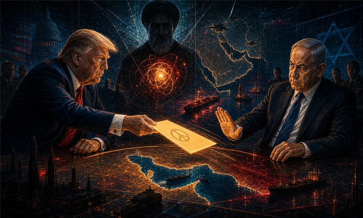 Illustration dramatique de Trump proposant un accord sur l’Iran face à un Netanyahu sceptique