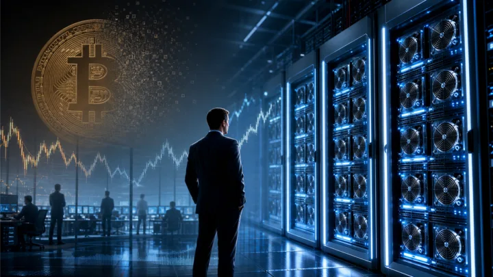 Salle de serveurs IA avec GPU et symbole Bitcoin en retrait pour illustrer le pivot de K Wave Media