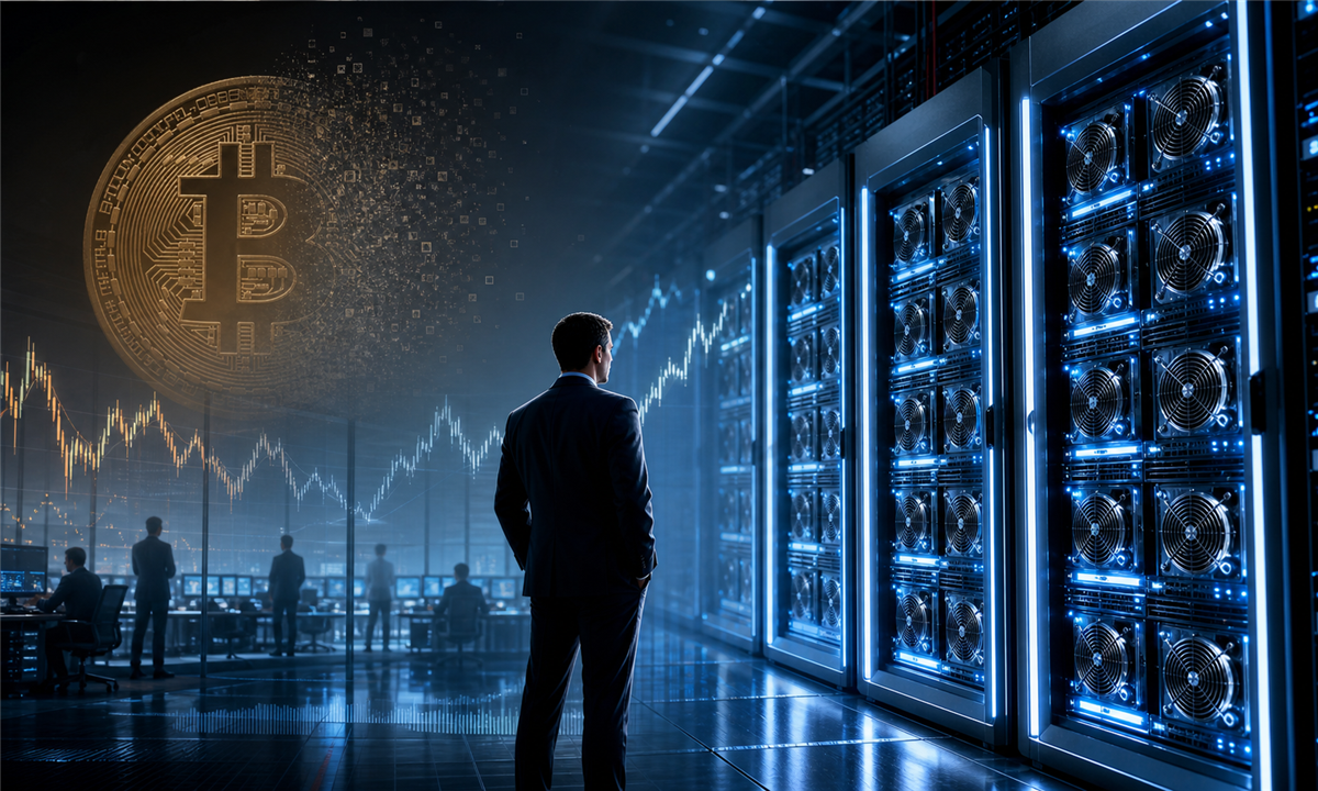 Salle de serveurs IA avec GPU et symbole Bitcoin en retrait pour illustrer le pivot de K Wave Media
