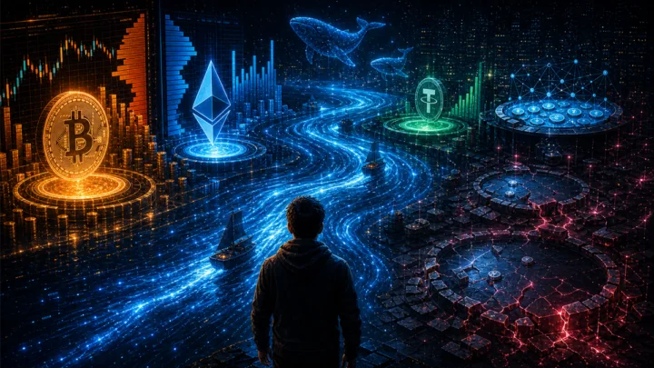 Illustration de la liquidité crypto avec Bitcoin, Ethereum, stablecoins, carnets d’ordres et pools DeFi