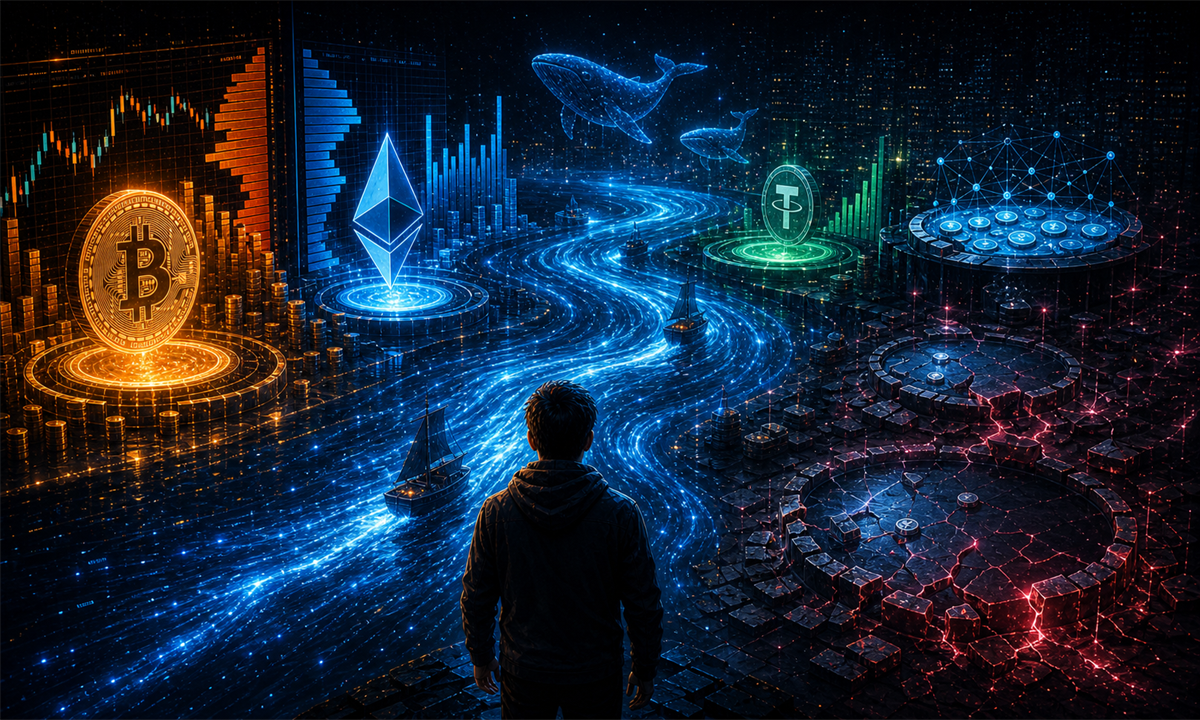 Illustration de la liquidité crypto avec Bitcoin, Ethereum, stablecoins, carnets d’ordres et pools DeFi