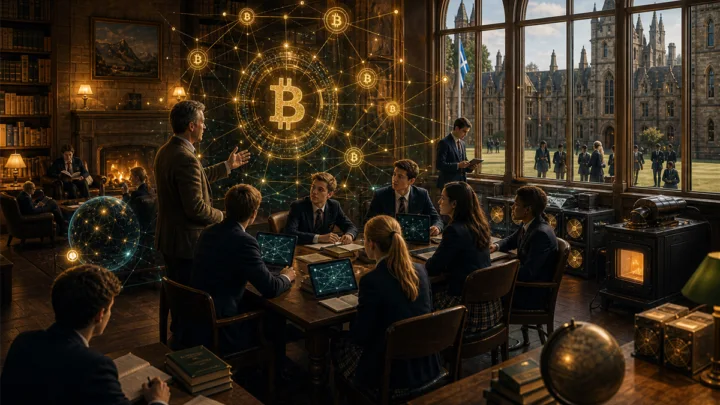 Illustration d’une école transformant Bitcoin en outil éducatif avec bourse Satoshi, nœud et minage