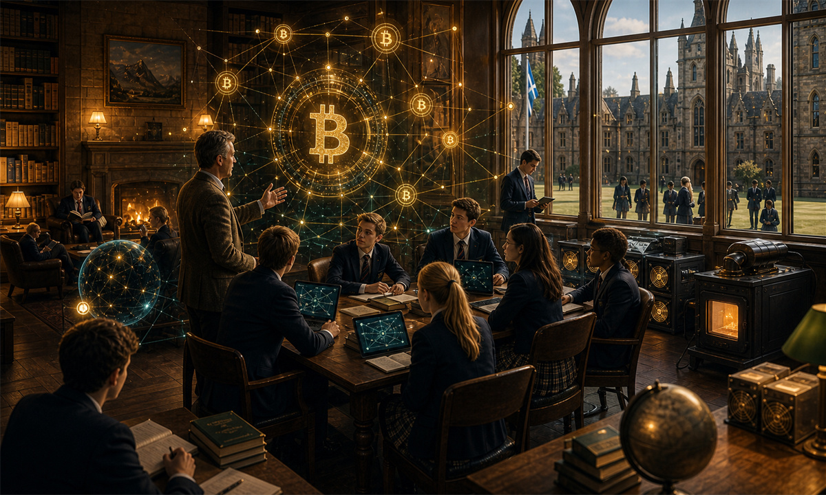 Illustration d’une école transformant Bitcoin en outil éducatif avec bourse Satoshi, nœud et minage