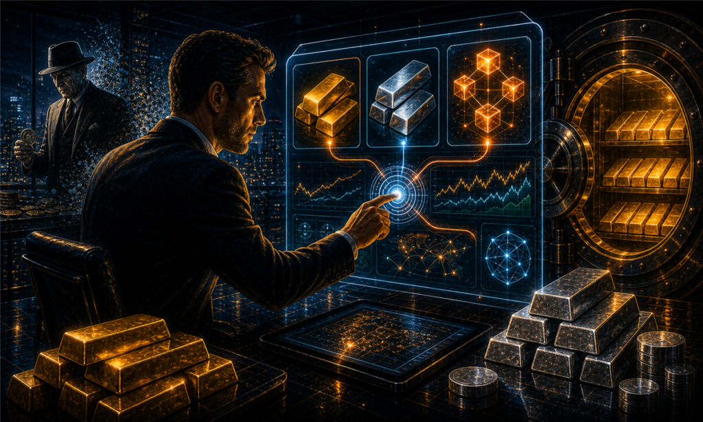Investisseur gérant de l’or physique, de l’argent et des actifs numériques depuis un tableau de bord