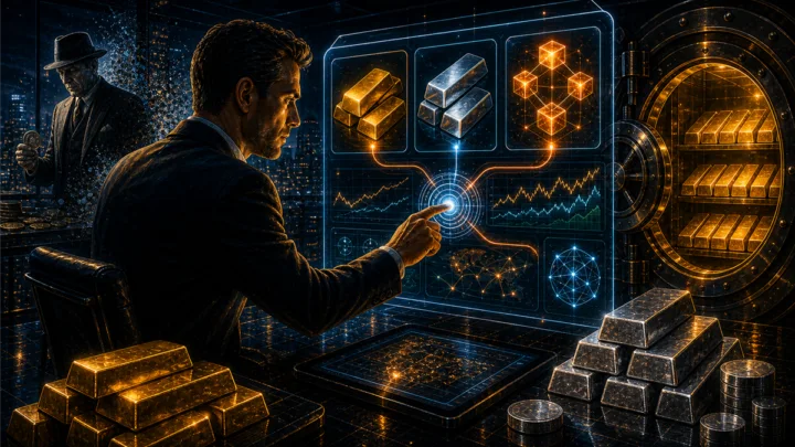Investisseur gérant de l’or physique, de l’argent et des actifs numériques depuis un tableau de bord