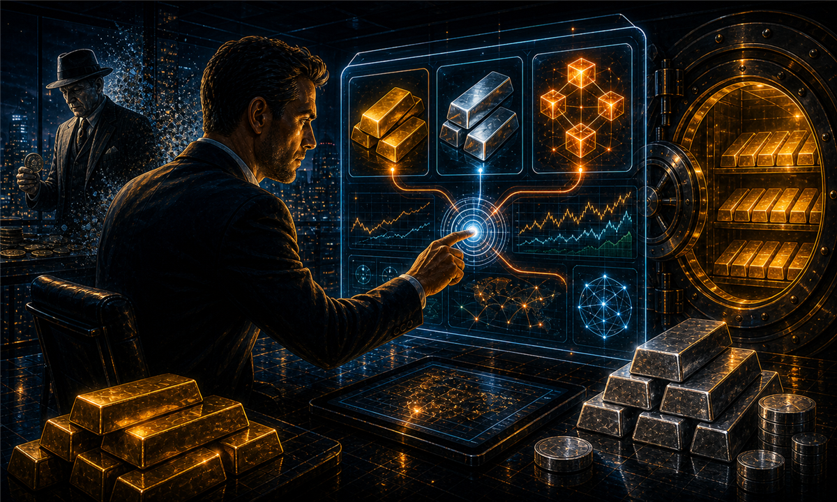Investisseur gérant de l’or physique, de l’argent et des actifs numériques depuis un tableau de bord
