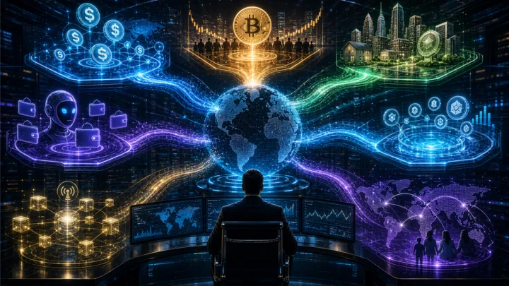 Carte futuriste des grandes narratives crypto 2026 avec stablecoins, Bitcoin, IA, RWA, DeFi et marchés émergents