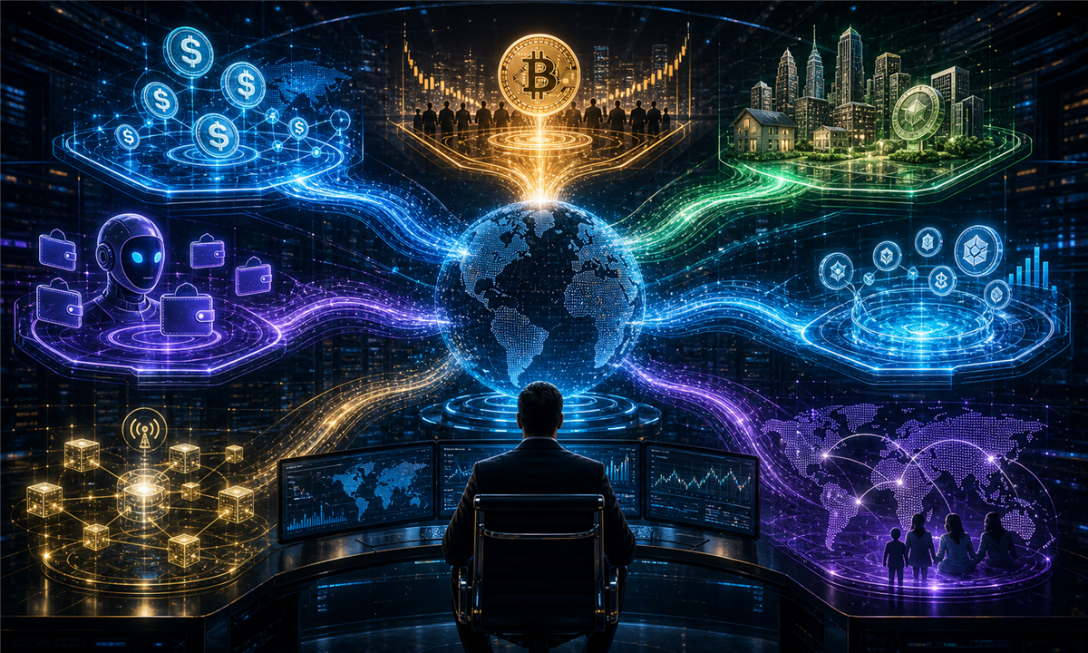 Carte futuriste des grandes narratives crypto 2026 avec stablecoins, Bitcoin, IA, RWA, DeFi et marchés émergents