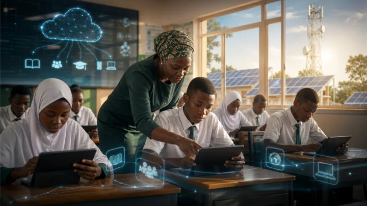 École intelligente au Nigeria avec élèves et outils numériques dans une salle moderne