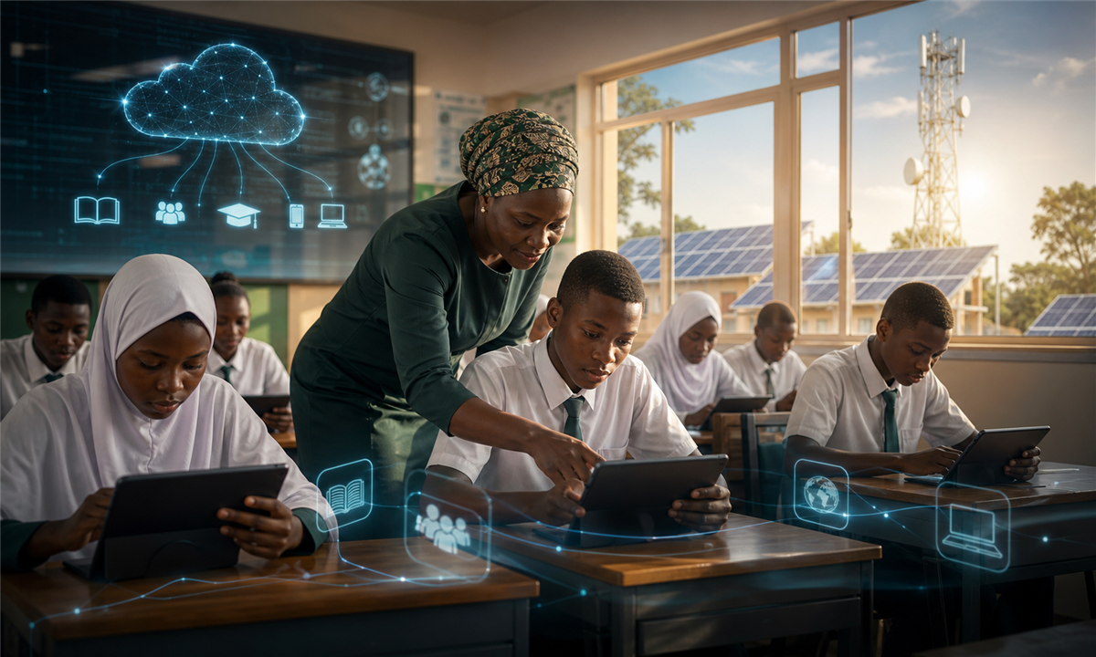 École intelligente au Nigeria avec élèves et outils numériques dans une salle moderne